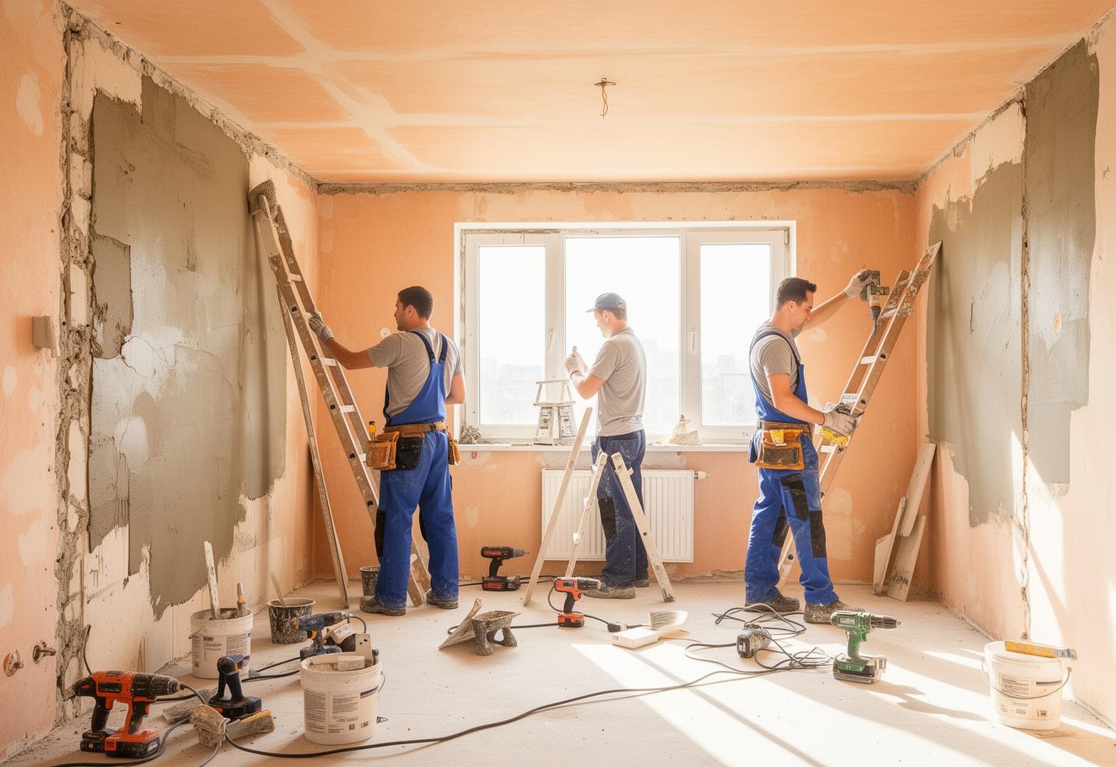 Handwerker bei Spachtel- und Trockenbauarbeiten in einem hellen Altbauraum
