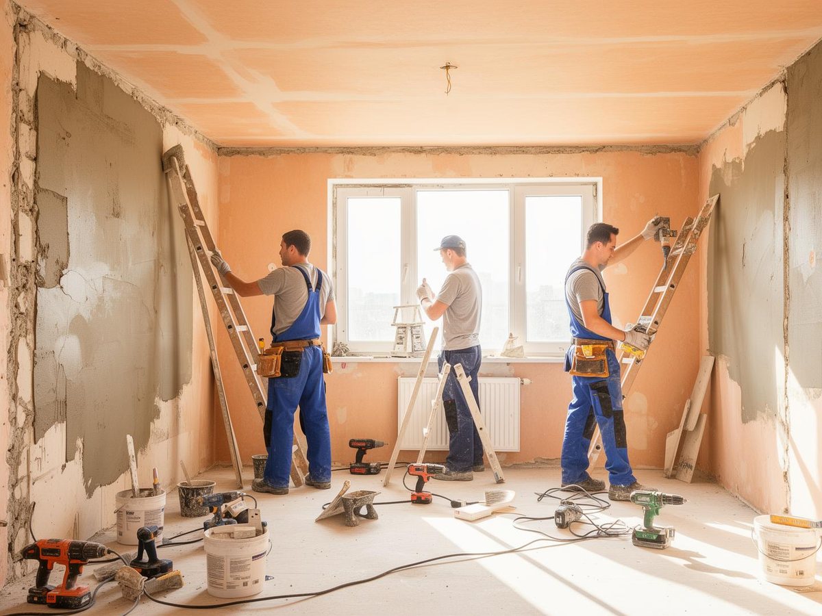 Handwerker bei Spachtel- und Trockenbauarbeiten in einem hellen Altbauraum