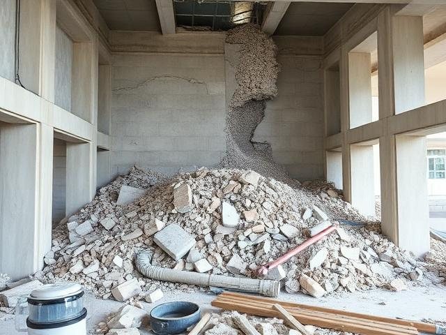 Rückbauarbeiten mit Bauschutt in einem entkernten Rohbau
